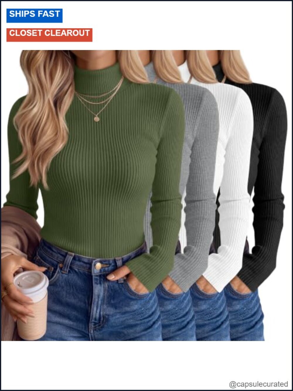4-Pack Women's Ribbed Mock Neck Tops Long Sleeve Slim Fit Turtleneck